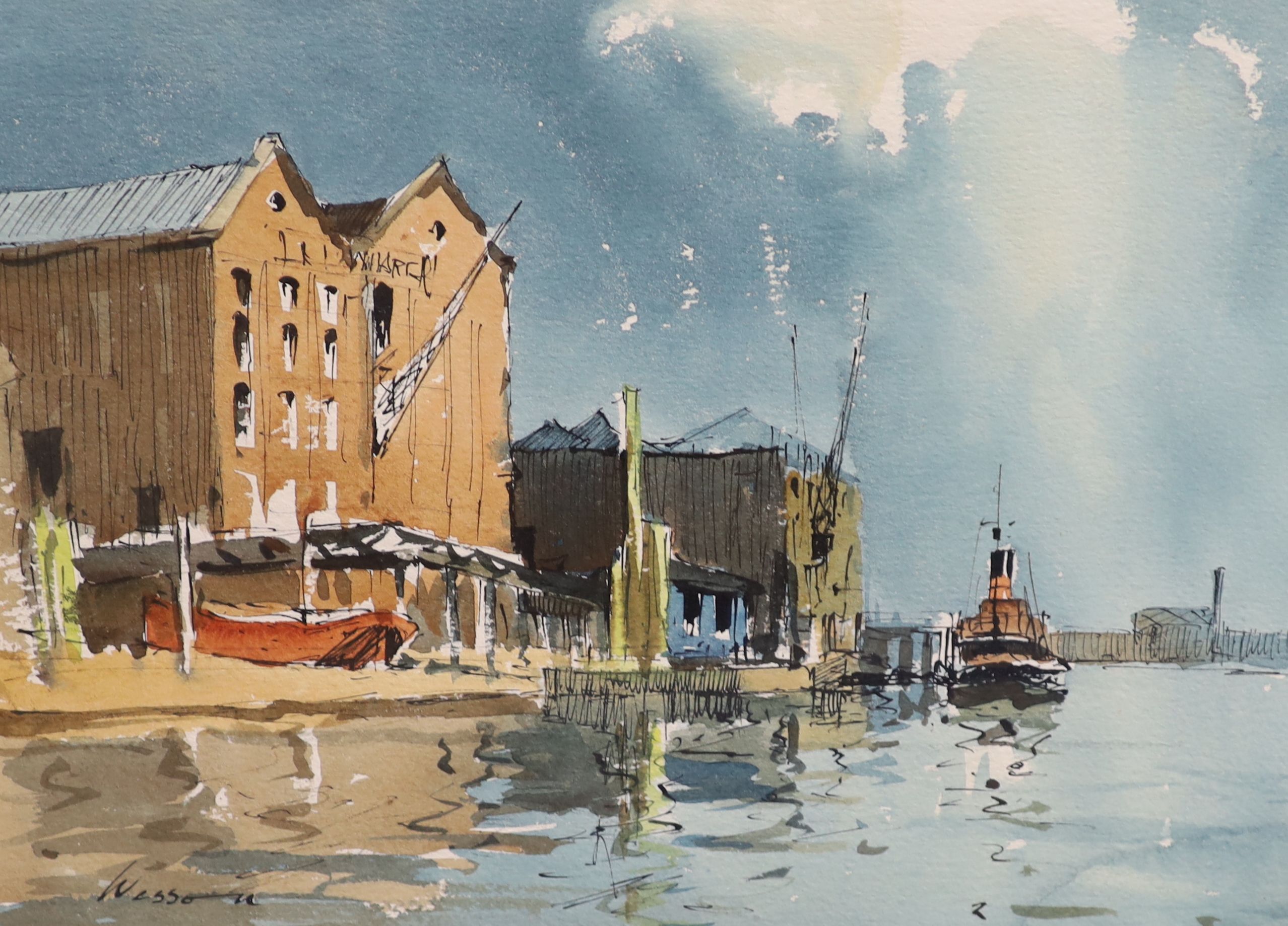 Edward Wesson (1910-1983), Low water, Hammersmith & Low tide, Wapping, Ink and watercolour, a pair, 25 x 33 cm.